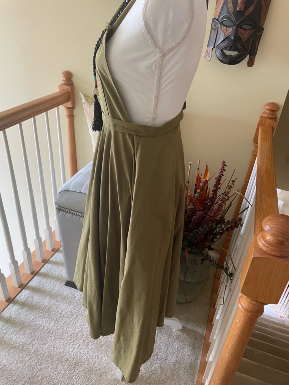 Olive Green Pinafore Midi Dress with Wide Straps -EUC - Picture 9 of 9